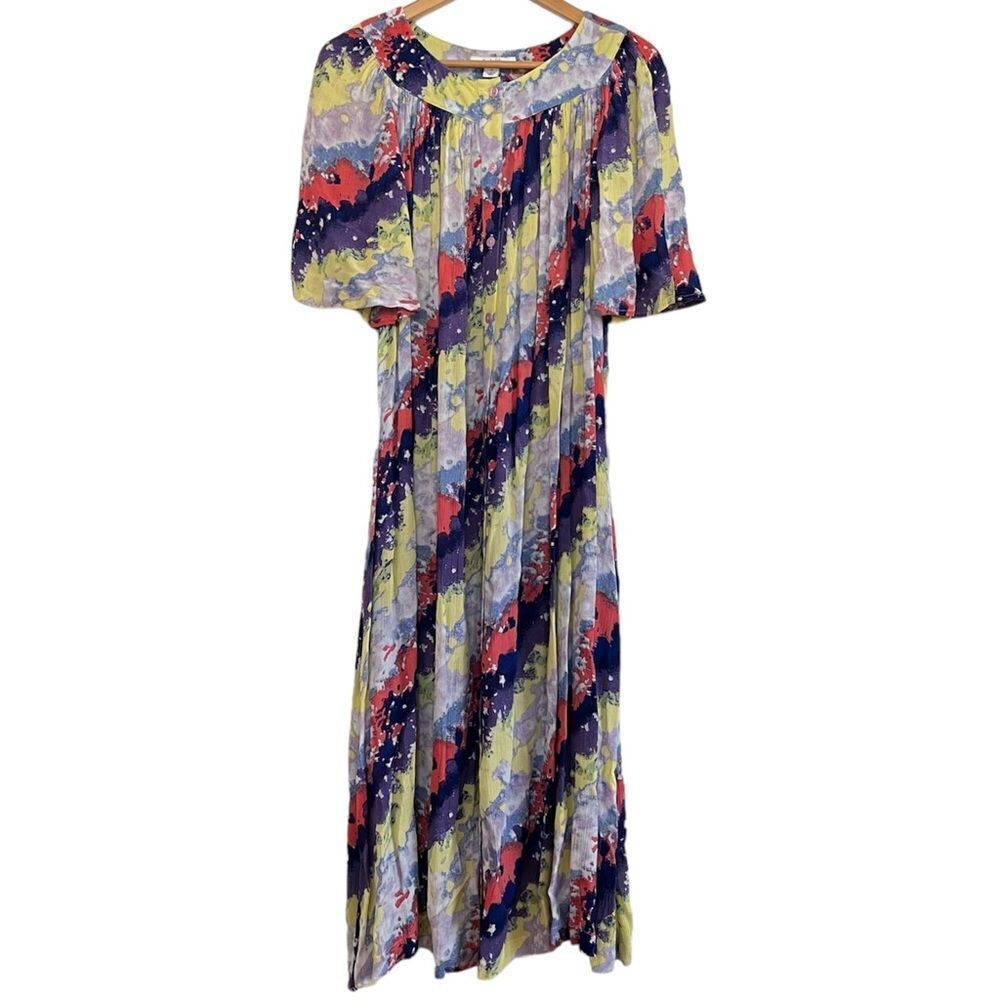 Go Softly Patio Muumuu 100% Rayon Boho Gauze Semi Sheer Flowy Midi Dress Small